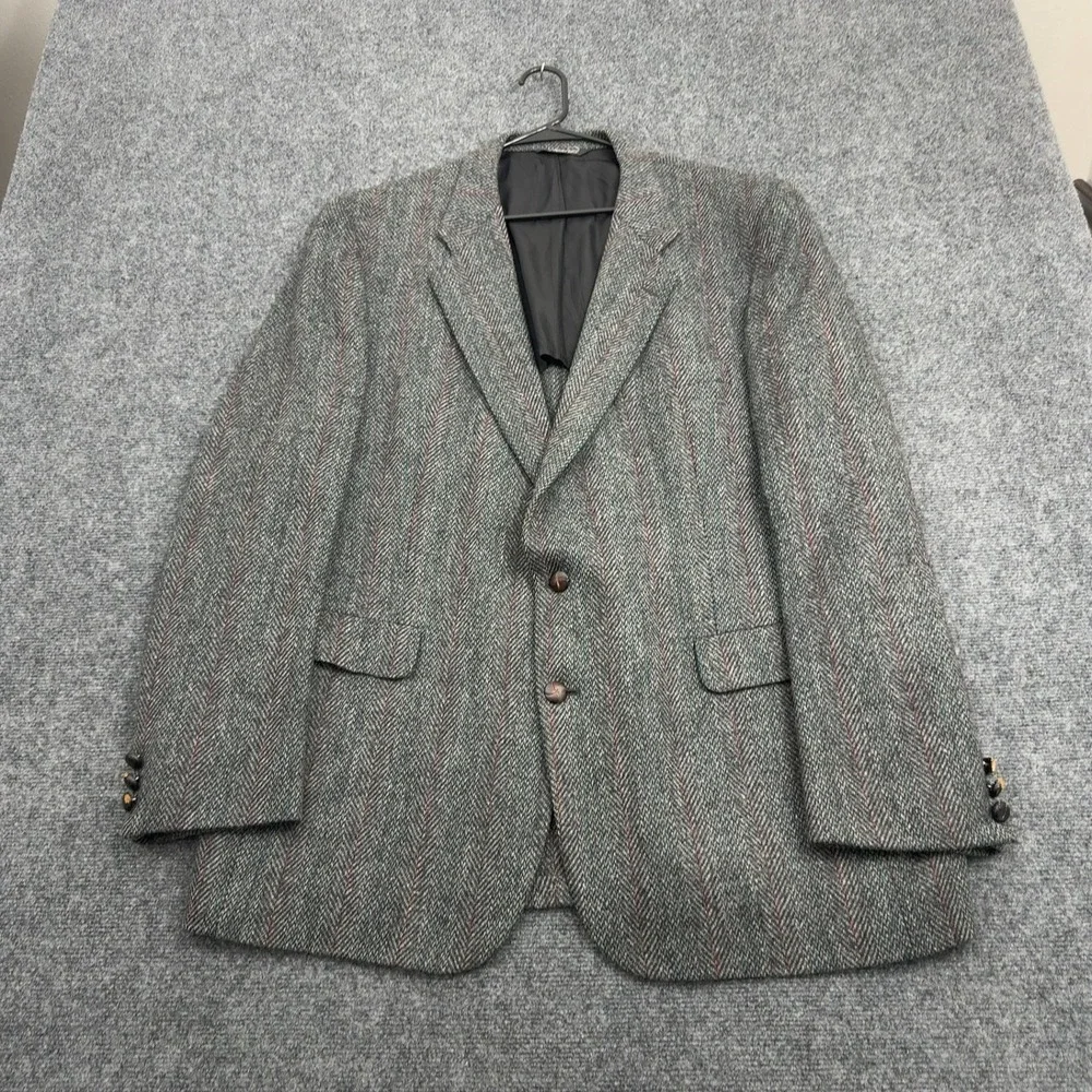 Vintage Kingsridge Blazer Mens 46L Gray Wool Herringbone Pinstripe Academic